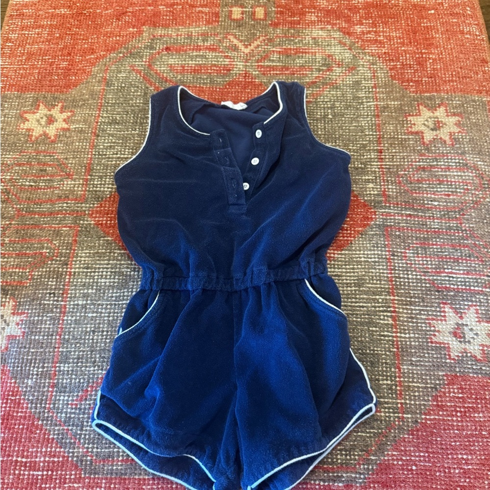 Minnow Girls Navy Terry Cloth Romper with Contrast Piping